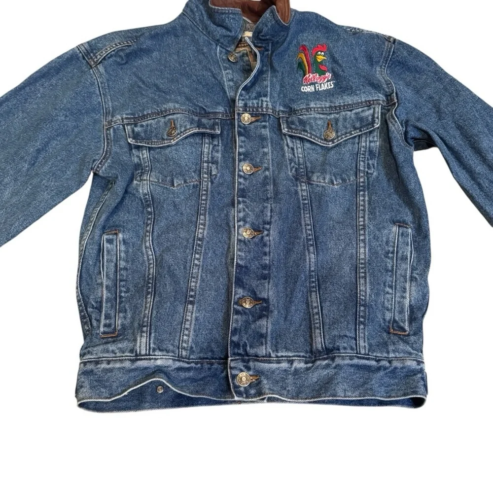 Vintage 90s Kellogg’s Corn Flakes Embroidered Denim Jacket Leather Collar Size S